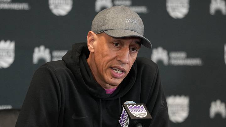 Apr 3, 2026; Sacramento, California, USA; Sacramento Kings head coach Doug Christie talks to media members before the game against the New Orleans Pelicans at Golden 1 Center. Mandatory Credit: Darren Yamashita-Imagn Images
