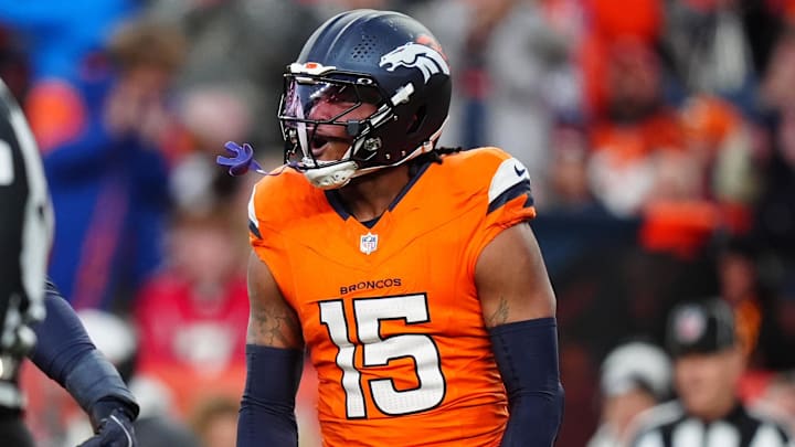 Nov 17, 2024; Denver, Colorado, USA; Denver Broncos linebacker Nik Bonitto (15) celebrates his sack in the second half against the Atlanta Falcons at Empower Field at Mile High. 