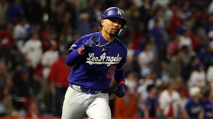 May 16, 2026; Anaheim, California, USA;  Los Angeles Dodgers shortstop Mookie Betts (50) reacts after hitting a home run during the eighth inning against the Los Angeles Angels at Angel Stadium. Mandatory Credit: Kiyoshi Mio-Imagn Images