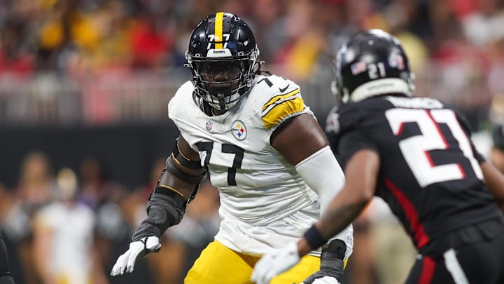 Sep 8, 2024; Atlanta, Georgia, USA; Pittsburgh Steelers offensive tackle Broderick Jones (77) blocks against the Atlanta Falcons in the fourth quarter at Mercedes-Benz Stadium. Mandatory Credit: Brett Davis-Imagn Images