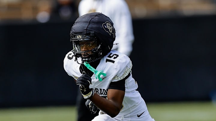 Apr 19, 2025; Boulder, CO, USA; Colorado Buffaloes wide receiver Quentin Gibson (15) during the spring game at Folsom Field. Mandatory Credit: Isaiah J. Downing-Imagn Images