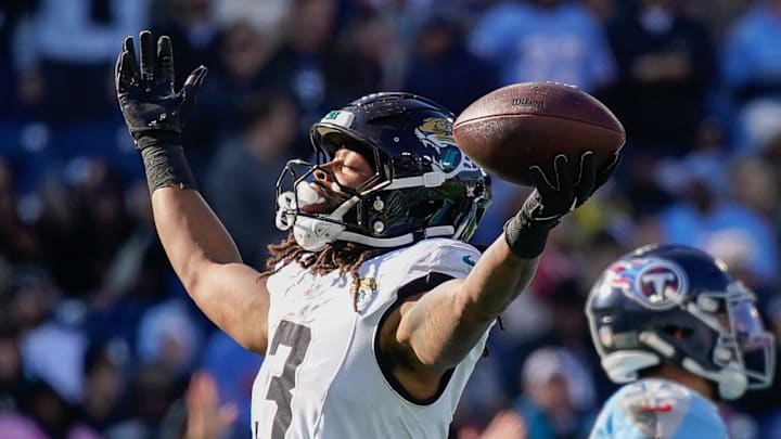 Jacksonville Jaguars wide receiver Jakobi Meyers (3) celebrates his touchdown during the first quarter against the Tennessee Titans at Nissan Stadium in Nashville, Tenn., Sunday, Nov. 30, 2025. Jacksonville Jaguars wide receiver Jakobi Meyers (3) celebrates his touchdown during the first quarter against the Tennessee Titans at Nissan Stadium in Nashville, Tenn., Sunday, Nov. 30, 2025.