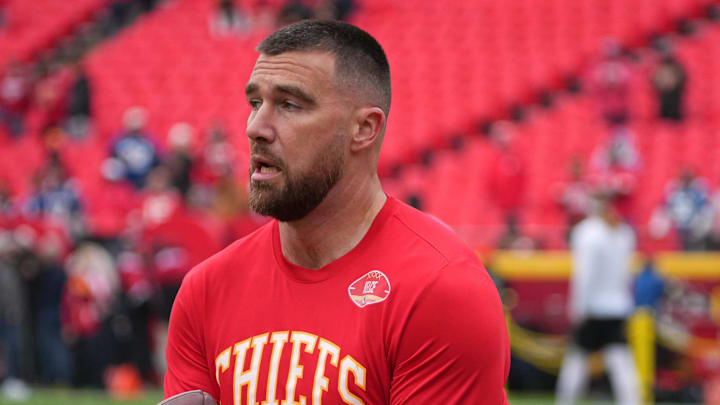 Nov 23, 2025; Kansas City, Missouri, USA; Kansas City Chiefs tight end Travis Kelce (87) warms up before the game against the Indianapolis Colts at GEHA Field at Arrowhead Stadium. Mandatory Credit: Denny Medley-Imagn Images
