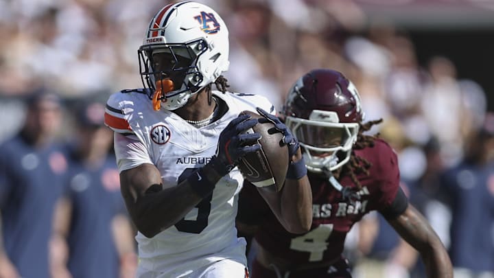 Auburn Tigers wide receiver Cam Coleman makes a reception as Texas A&M Aggies cornerback Will Lee III defends during the second quarter at Kyle Field. 