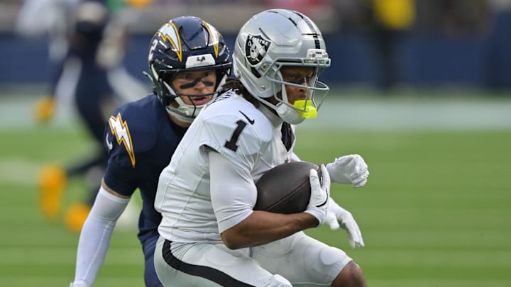 Nov 30, 2025; Inglewood, California, USA; Las Vegas Raiders wide receiver Tre Tucker (1) makes a catch against the Los Angeles Chargers during the first half at SoFi Stadium. Mandatory Credit: Jayne Kamin-Oncea-Imagn Images Nov 30, 2025; Inglewood, California, USA; Las Vegas Raiders wide receiver Tre Tucker (1) makes a catch against the Los Angeles Chargers during the first half at SoFi Stadium. Mandatory Credit: Jayne Kamin-Oncea-Imagn Images