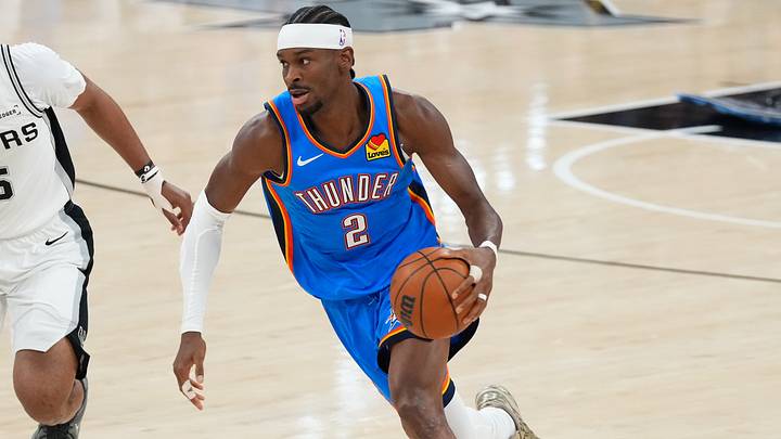 May 24, 2026; San Antonio, Texas, USA; Oklahoma City Thunder guard Shai Gilgeous-Alexander (2) drives the ball while defended by San Antonio Spurs guard Stephon Castle (5) in the first quarter during game four of the western conference finals for the 2026 NBA playoffs at Frost Bank Center. Mandatory Credit: Scott Wachter-Imagn Images May 24, 2026; San Antonio, Texas, USA; Oklahoma City Thunder guard Shai Gilgeous-Alexander (2) drives the ball while defended by San Antonio Spurs guard Stephon Castle (5) in the first quarter during game four of the western conference finals for the 2026 NBA playoffs at Frost Bank Center. Mandatory Credit: Scott Wachter-Imagn Images