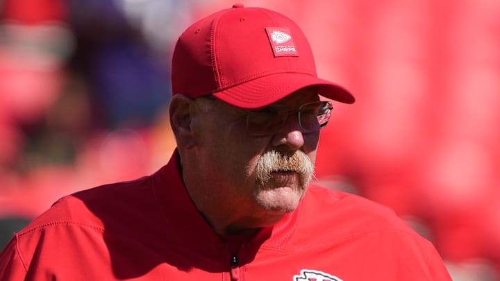 Sep 28, 2025; Kansas City, Missouri, USA; Kansas City Chiefs Head Coach Andy Reid looks on before the game against the Baltimore Ravens at GEHA Field at Arrowhead Stadium. Mandatory Credit: Denny Medley-Imagn Images Sep 28, 2025; Kansas City, Missouri, USA; Kansas City Chiefs Head Coach Andy Reid looks on before the game against the Baltimore Ravens at GEHA Field at Arrowhead Stadium. Mandatory Credit: Denny Medley-Imagn Images