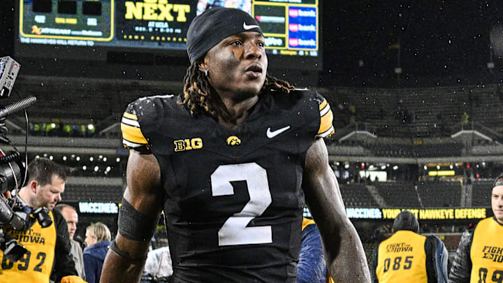 Nov 2, 2024; Iowa City, Iowa, USA; Iowa Hawkeyes running back Kaleb Johnson (2) walks off the field after the game against the Wisconsin Badgers at Kinnick Stadium. Mandatory Credit: Jeffrey Becker-Imagn Images
