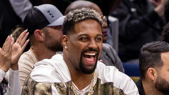 Feb 21, 2026; New Orleans, Louisiana, USA;  New Orleans Saints defensive end Cam Jordan looks on agains the Philadelphia 76ers during the second half at Smoothie King Center. Mandatory Credit: Stephen Lew-Imagn Images