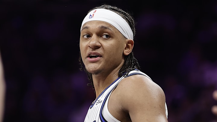 Feb 19, 2026; Sacramento, California, USA; Orlando Magic forward Paolo Banchero (5) looks over his shoulder after a play against the Sacramento Kings during the second quarter at Golden 1 Center. Mandatory Credit: Kelley L Cox-Imagn Images