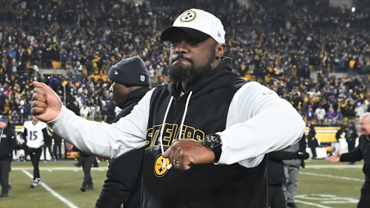 Jan 4, 2026; Pittsburgh, Pennsylvania, USA; Pittsburgh Steelers head coach Mike Tomlin celebrates after defeating the Baltimore Ravens at Acrisure Stadium. Mandatory Credit: Barry Reeger-Imagn Images