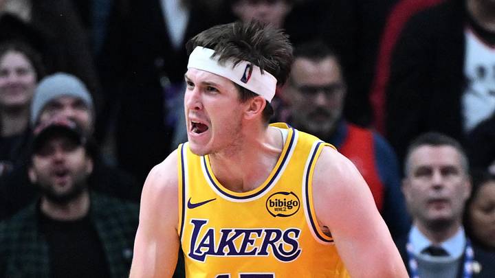 Dec 4, 2025; Toronto, Ontario, CAN; Los Angeles Lakers guard Austin Reaves (15) reacts after scoring a basket against the Toronto Raptors in the second half at Scotiabank Arena. Mandatory Credit: Dan Hamilton-Imagn Images