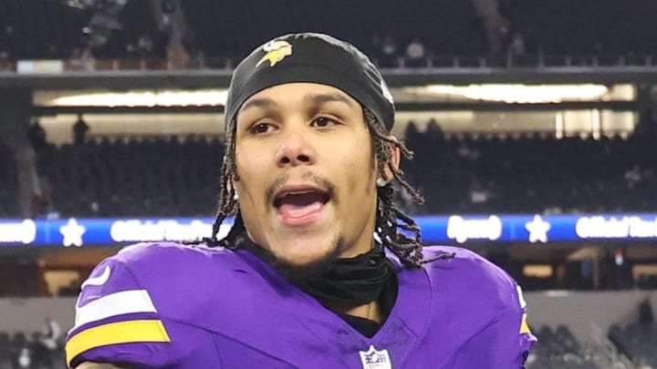 Dec 14, 2025; Arlington, Texas, USA; Minnesota Vikings wide receiver Jalen Nailor (1) celebrates after a game against the Dallas Cowboys at AT&T Stadium. Mandatory Credit: Kevin Jairaj-Imagn Images