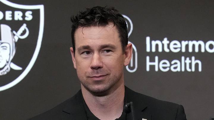 Las Vegas Raiders coach Klint Kubiak at a press conference.