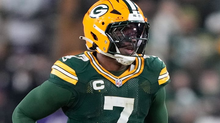 Dec 27, 2025; Green Bay, Wisconsin, USA; Green Bay Packers linebacker Quay Walker (7) looks on during the fourth quarter against the Baltimore Ravens at Lambeau Field. Mandatory Credit: Kayla Wolf-Imagn Images