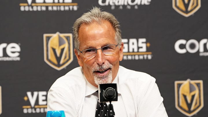 Mar 30, 2026; Las Vegas, Nevada, USA; Vegas Golden Knights head coach John Tortorella holds a presser after the Golden Knights defeated the Vancouver Canucks 4-2 at T-Mobile Arena. Mandatory Credit: Stephen R. Sylvanie-Imagn Images