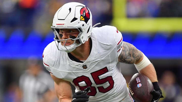 Jan 4, 2026; Inglewood, California, USA;  Arizona Cardinals tight end Trey McBride (85) runs after the catch against the Los Angeles Rams during the first half at SoFi Stadium. Mandatory Credit: Gary A. Vasquez-Imagn Images