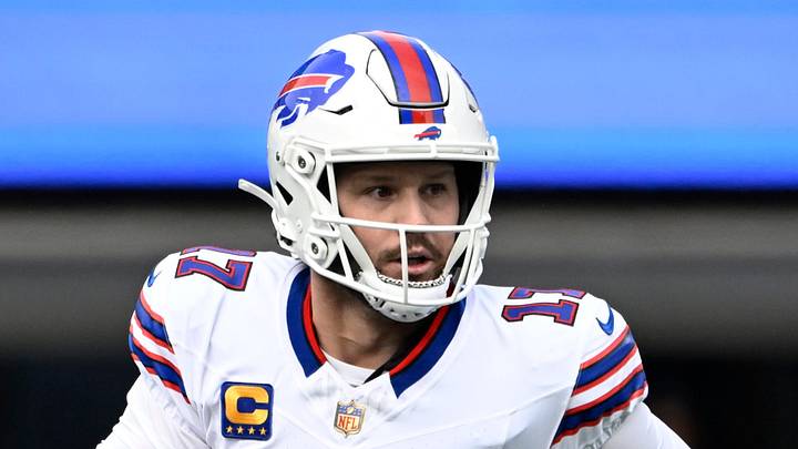 Oct 26, 2025; Charlotte, North Carolina, USA; Buffalo Bills quarterback Josh Allen (17) looks to pass in the second quarter at Bank of America Stadium. Mandatory Credit: Bob Donnan-Imagn Images