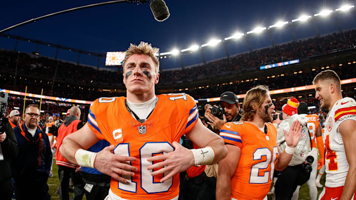 Jan 5, 2025; Denver, Colorado, USA; Denver Broncos quarterback Bo Nix (10) after the game against the Kansas City Chiefs at Empower Field at Mile High. Jan 5, 2025; Denver, Colorado, USA; Denver Broncos quarterback Bo Nix (10) after the game against the Kansas City Chiefs at Empower Field at Mile High.