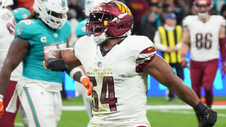 Washington Commanders linebacker Bobby Wagner reacts after a play against the Miami Dolphins.
