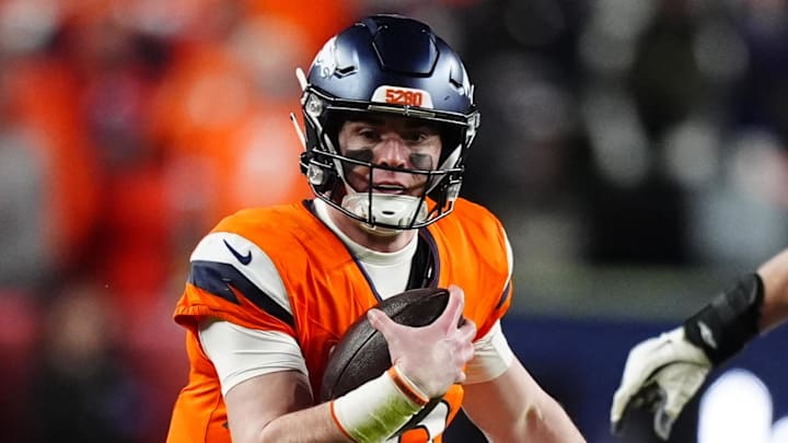 Jan 17, 2026; Denver, CO, USA; Denver Broncos quarterback Bo Nix (10) runs during the fourth quarter of an AFC Divisional Round playoff game against the Buffalo Bills at Empower Field at Mile High. Mandatory Credit: Ron Chenoy-Imagn Images Jan 17, 2026; Denver, CO, USA; Denver Broncos quarterback Bo Nix (10) runs during the fourth quarter of an AFC Divisional Round playoff game against the Buffalo Bills at Empower Field at Mile High. Mandatory Credit: Ron Chenoy-Imagn Images
