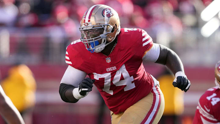 Jan 7, 2024; Santa Clara, California, USA; San Francisco 49ers offensive tackle Spencer Burford (74) during the second quarter against the Los Angeles Rams at Levi's Stadium. Mandatory Credit: Darren Yamashita-Imagn Images Jan 7, 2024; Santa Clara, California, USA; San Francisco 49ers offensive tackle Spencer Burford (74) during the second quarter against the Los Angeles Rams at Levi's Stadium. Mandatory Credit: Darren Yamashita-Imagn Images