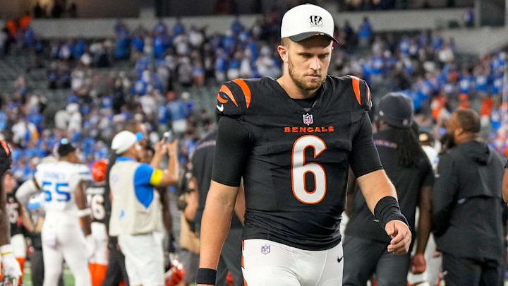 Cincinnati Bengals quarterback Jake Browning (6) walks for the locker room shaking his head after the fourth quarter of the NFL Week 5 game between the Cincinnati Bengals and the Detroit Lions at Paycor Stadium in downtown Cincinnati on Sunday, Oct. 5, 2025. The Bengals continued a losing streak, falling 37-24 to the Lions. Cincinnati Bengals quarterback Jake Browning (6) walks for the locker room shaking his head after the fourth quarter of the NFL Week 5 game between the Cincinnati Bengals and the Detroit Lions at Paycor Stadium in downtown Cincinnati on Sunday, Oct. 5, 2025. The Bengals continued a losing streak, falling 37-24 to the Lions.