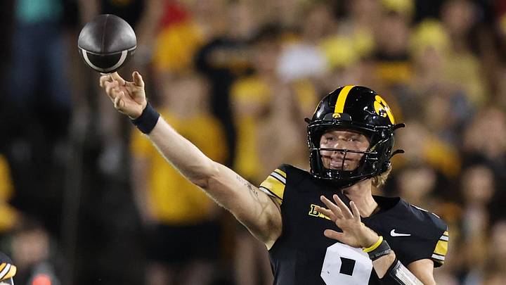 Sep 12, 2026; Iowa City, Iowa, USA; Iowa Hawkeyes quarterback Hank Brown (9) throws a pass. against the Iowa State Cyclones during the fourth quarter at Kinnick Stadium. Mandatory Credit: Reese Strickland-Imagn Images Sep 12, 2026; Iowa City, Iowa, USA; Iowa Hawkeyes quarterback Hank Brown (9) throws a pass. against the Iowa State Cyclones during the fourth quarter at Kinnick Stadium. Mandatory Credit: Reese Strickland-Imagn Images