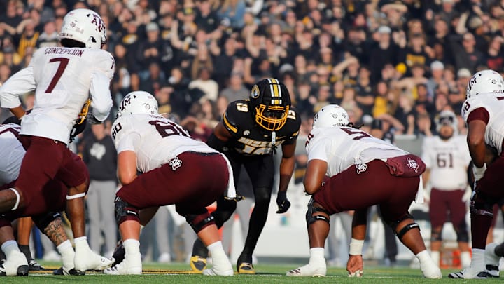Nov 8, 2025; Columbia, Missouri, USA; Missouri Tigers defensive end Darris Smith lines up for a snap in the Missouri matchup against Texas A&M at Faurot Field.