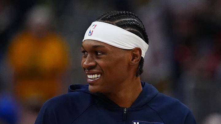 Mar 22, 2026; Denver, Colorado, USA; Denver Nuggets guard Peyton Watson (8) smiles before the game against the Portland Trail Blazers at Ball Arena. Mandatory Credit: Ron Chenoy-Imagn Images