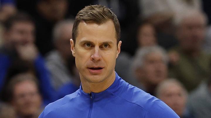 Mar 29, 2026; Washington, DC, USA; Duke Blue Devils head coach Jon Scheyer looks on against the UConn Huskies in the first half during an Elite Eight game of the East Regional of the men's 2026 NCAA Tournament at Capital One Arena. Mandatory Credit: Geoff Burke-Imagn Images