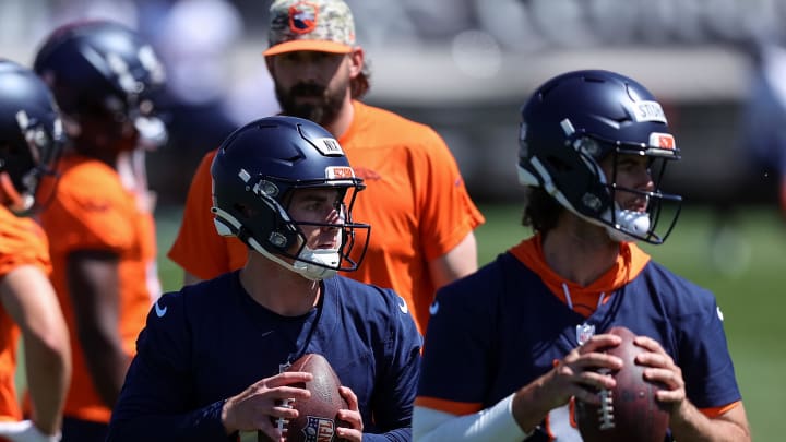 May 23, 2024; Englewood, CO, USA; Denver Broncos quarterback Bo Nix (10) and quarterback Jarrett Stidham (8) during organized team activities at Centura Health Training Center. Mandatory Credit: Isaiah J. Downing-USA TODAY Sports