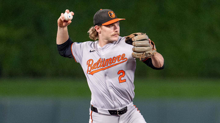 Sep 27, 2024; Minneapolis, Minnesota, USA; Baltimore Orioles shortstop Gunnar Henderson (2) throws out Minnesota Twins shortstop Carlos Correa (4) in the sixth inning at Target Field. 