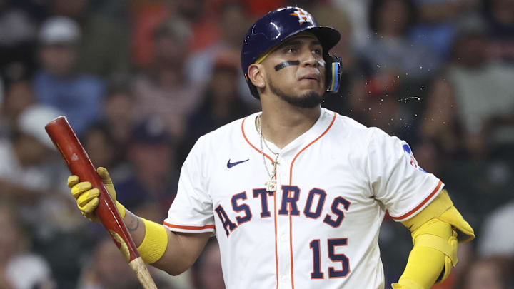 Jul 8, 2025; Houston, Texas, USA; Houston Astros third baseman Isaac Paredes (15) reacts after striking out during the third inning against the Cleveland Guardians at Daikin Park
