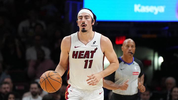 Apr 12, 2026; Miami, Florida, USA;  Miami Heat forward Jaime Jaquez Jr. (11) dribbles against the Atlanta Hawks during the second half at Kaseya Center. Mandatory Credit: Jim Rassol-Imagn Images