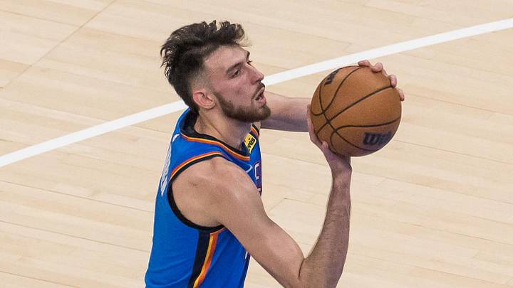 May 18, 2026; Oklahoma City, Oklahoma, USA; Oklahoma City Thunder center/forward Chet Holmgren (7) shoots a free throw in the second quarter against the San Antonio Spurs during game one of the western conference finals for the 2026 NBA playoffs at Paycom Center. Mandatory Credit: Brett Rojo-Imagn Images