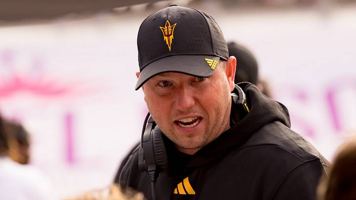Arizona State head football coach Kenny Dillingham talks to his team during a time out a the Tony the Tiger Sun Bowl against Duke at Sun Bowl Stadium in El Paso, Texas, on Wednesday, Dec. 31, 2025.