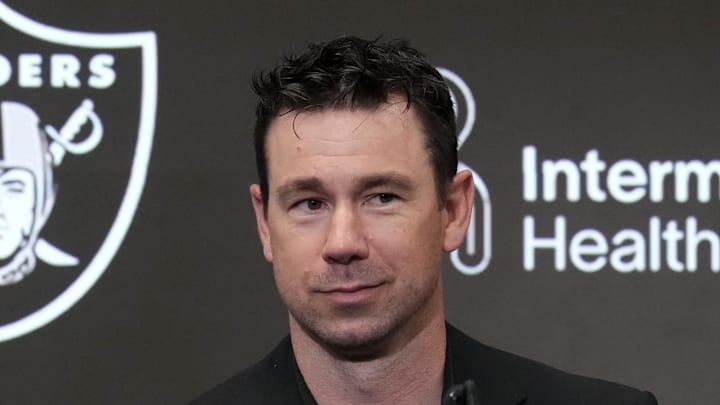 Apr 24, 2026; Henderson, NV, USA; Las Vegas Raiders coach Klint Kubiak at press conference at Intermountain Health Performance Center. Mandatory Credit: Kirby Lee-Imagn Images