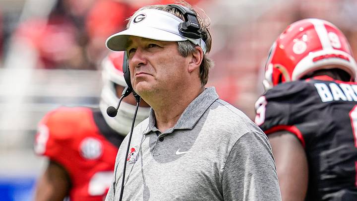 Georgia Bulldogs head coach Kirby Smart reacts on the field during the Georgia Spring football game at Sanford Stadium Georgia Bulldogs head coach Kirby Smart reacts on the field during the Georgia Spring football game at Sanford Stadium