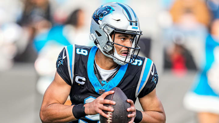 Dec 24, 2023; Charlotte, North Carolina, USA; Carolina Panthers quarterback Bryce Young (9) against the Green Bay Packers during the second half at Bank of America Stadium. Mandatory Credit: Jim Dedmon-Imagn Images