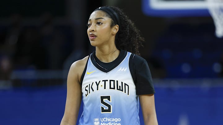Sep 3, 2025; Chicago, Illinois, USA; Chicago Sky forward Angel Reese (5) walks on the court during the second half of a WNBA game against the Connecticut Sun at Wintrust Arena. Mandatory Credit: Kamil Krzaczynski-Imagn Images