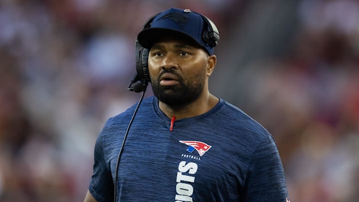Dec 15, 2024; Glendale, Arizona, USA; New England Patriots head coach Jerod Mayo against the Arizona Cardinals in the second half at State Farm Stadium. Mandatory Credit: Mark J. Rebilas-Imagn Images