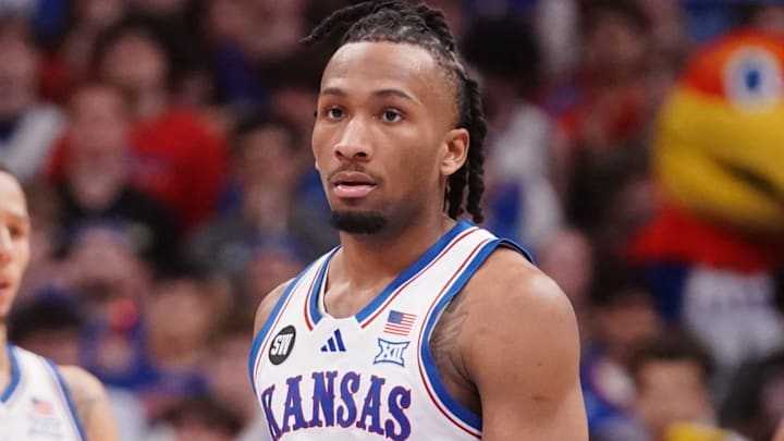 Kansas Jayhawks guard Darryn Peterson (22) against Houston Cougars inside Allen Fieldhouse on Monday, Feb. 23, 2026.