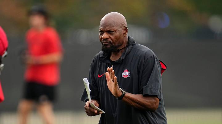 Ohio State Buckeyes defensive line coach Larry Johnson leads his squad during the first football practice of the season at the Woody Hayes Athletic Center on July 31, 2025.