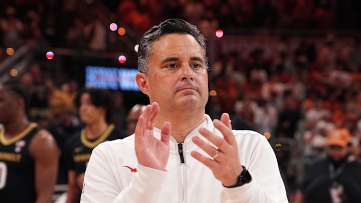 Texas Longhorns head coach Sean Miller celebrates a win against the Vanderbilt Commodores during the second half at Moody Center. 