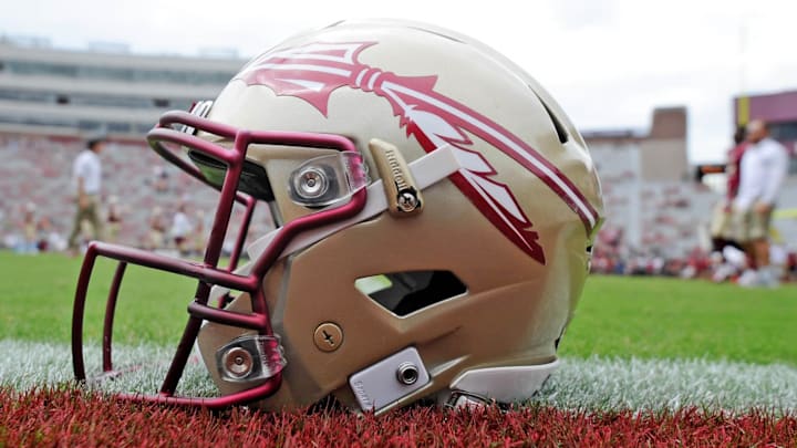 Oct 7, 2017; Tallahassee, FL, USA; View of a Florida State Seminoles helmet on the field before the game against the Miami Hurricanes at Doak Campbell Stadium. Mandatory Credit: Melina Vastola-Imagn Images Oct 7, 2017; Tallahassee, FL, USA; View of a Florida State Seminoles helmet on the field before the game against the Miami Hurricanes at Doak Campbell Stadium. Mandatory Credit: Melina Vastola-Imagn Images