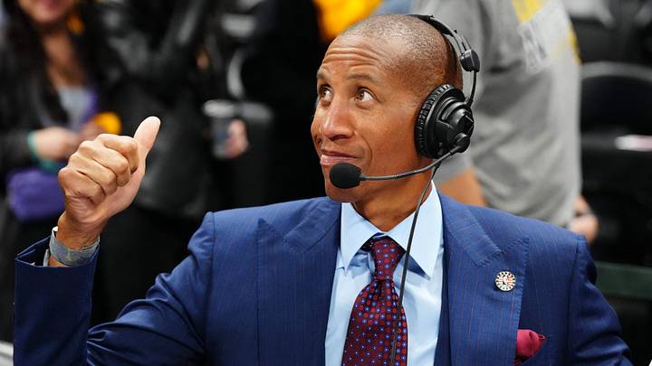 Nov 14, 2023; Denver, Colorado, USA; American former professional basketball player Reggie Miller reacts after the game between the LA Clippers against the Denver Nuggets at Ball Arena. Mandatory Credit: Ron Chenoy-USA TODAY Sports