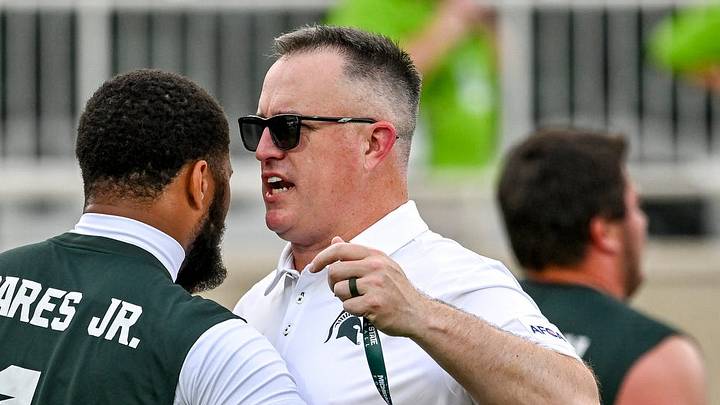 Michigan State’s head coach Pat Fitzgerald, right, talks with Kenny Soares Jr. before the football game against Toledo on Friday, Sept. 4, 2026, at Spartan Stadium in East Lansing. Michigan State’s head coach Pat Fitzgerald, right, talks with Kenny Soares Jr. before the football game against Toledo on Friday, Sept. 4, 2026, at Spartan Stadium in East Lansing.