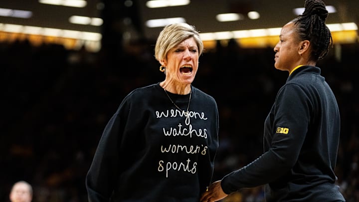 Iowa head coach Jan Jensen shouts after a call by an official against the Hawkeyes on Feb. 5, 2026, at Carver-Hawkeye Arena.
