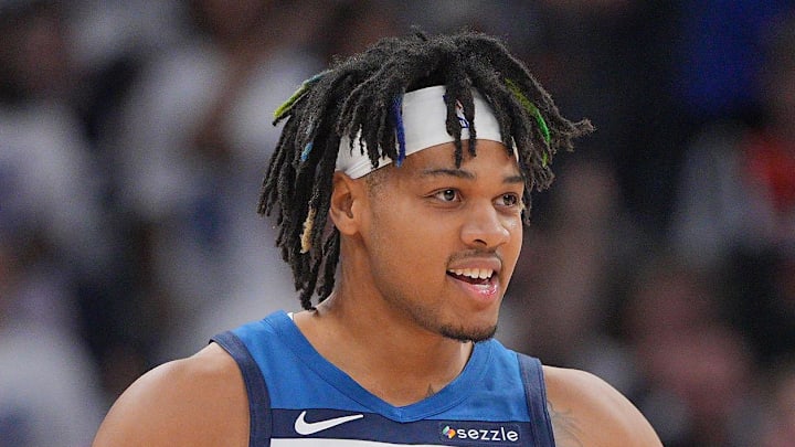 Minnesota Timberwolves guard Terrence Shannon Jr. (00) reacts against the Oklahoma City Thunder during the first half in game three of the Western Conference Finals for the 2025 NBA Playoffs at Target Center on May 24, 2025.